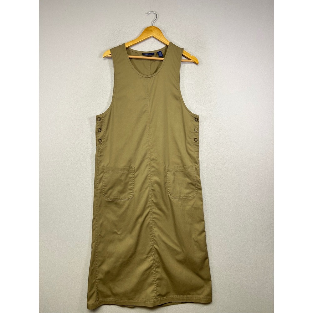 Cottagecore Karen Scott Med Khaki Twill Sleeveless Side Button Jumper Dress